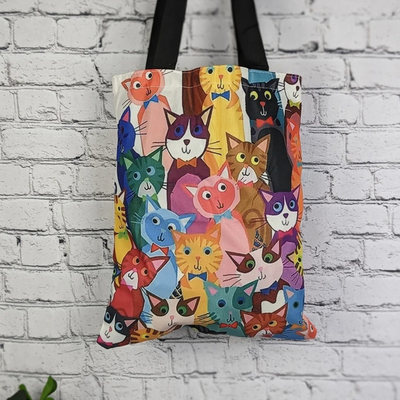 Multiple cats bright colors tote, reusable shopping bag - Picture 1 of 6
